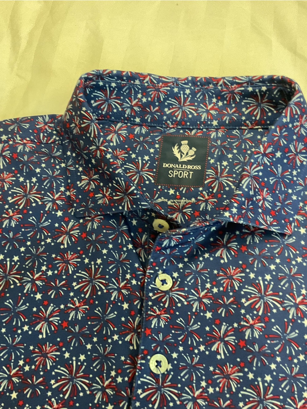 Men's Navy Red Firework-Print Button Shirt. Donald Ross